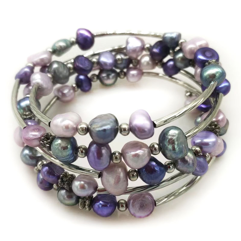 Memory Wire Bracelet - Gelang Mutiara Baroque Alami Ungu 33