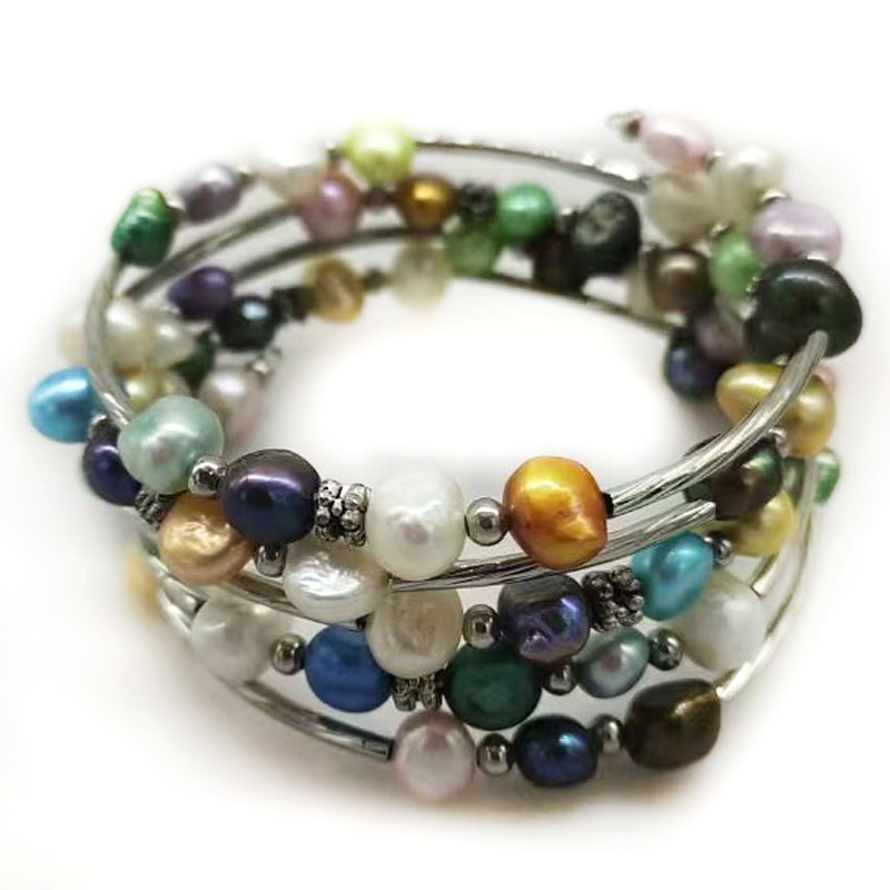 Memory Wire Bracelet - Gelang kawat memori mutiara barok alami